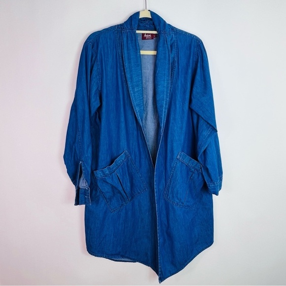 CHAMBRAY DENIM LONG JACKET PATCH POCKETS ROLL TAB SLEEVES SIZE LARGE EUC - Picture 8 of 8